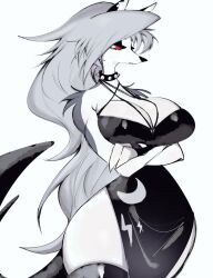 Rule 34 | animal ears, breasts, cleavage, collar, colored sclera, dress, furry, furry female, grey fur, helluva boss, huge breasts, jewelry, long hair, looking at viewer, loona (helluva boss), pendant, red sclera, side slit, spiked collar, spikes, tail, thick thighs, thighhighs, thighs, usa37107692, white eyes, white fur, wide hips, wolf ears, wolf girl, wolf tail