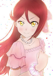 Rule 34 | 1girl, artist name, artist request, blush, bow, breasts, brown hair, clenched hand, collarbone, dress, female focus, hair bow, highres, jewelry, long hair, looking at viewer, love live!, love live! school idol festival, love live! sunshine!!, matcha grt, necklace, parted lips, pearl necklace, pink dress, pink scrunchie, polka dot, polka dot scrunchie, puffy short sleeves, puffy sleeves, red hair, sakurauchi riko, scrunchie, short sleeves, small breasts, smile, solo, white background, white bow, wrist scrunchie