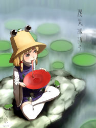 Rule 34 | 1girl, alcohol, bad id, bad pixiv id, blonde hair, brown eyes, captain freedom, cup, female focus, frog, full body, hat, indian style, lily pad, long tongue, moriya suwako, nature, plant, sakazuki, sake, short hair, sitting, solo, text focus, thighhighs, tongue, tongue out, touhou, translation request