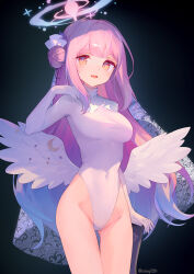 Rule 34 | 1girl, ainy, alternate costume, blue archive, breasts, commentary request, covered navel, cowboy shot, dark background, feathered wings, hair bun, halo, hand up, highleg, highleg leotard, highres, large breasts, leotard, long hair, long sleeves, looking at viewer, low wings, mika (blue archive), open mouth, pink hair, pink halo, simple background, single hair bun, single side bun, smile, solo, thighs, twitter username, white leotard, white wings, wings, yellow eyes