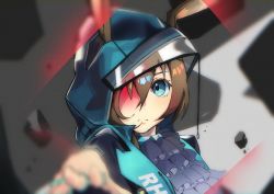 Rule 34 | 1girl, amiya (arknights), arknights, ascot, blue eyes, blurry, blurry background, blurry foreground, brown hair, chung1000, closed mouth, depth of field, ears through headwear, hair between eyes, hood, hood up, hooded jacket, jacket, jewelry, looking at viewer, multiple rings, one eye covered, open clothes, open jacket, purple ascot, rabbit girl, reaching, reaching towards viewer, ring, solo, upper body