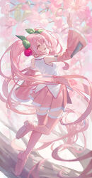 Rule 34 | 1girl, :d, absurdres, arm up, boots, branch, cherry blossoms, cherry hair ornament, detached sleeves, eyelashes, floating, floating hair, flower, food-themed hair ornament, from behind, full body, hair between eyes, hair ornament, hatsune miku, highres, jebura, leaf, leaf hair ornament, leg up, long hair, looking up, medium skirt, necktie, open mouth, outdoors, outstretched arm, pink eyes, pink flower, pink footwear, pink hair, pink skirt, pink theme, pleated skirt, sakura miku, shirt, shoe soles, sidelocks, skirt, sleeveless, sleeveless shirt, smile, solo, thigh boots, thighhighs, tree, twintails, very long hair, vocaloid, white shirt, wide sleeves, zettai ryouiki