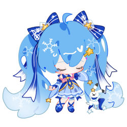Rule 34 | 1girl, ahoge, animal, blue dress, blue footwear, blue gloves, blue hair, blue ribbon, blue sleeves, chibi, chinese commentary, closed eyes, commentary, detached sleeves, dress, facing down, fingerless gloves, full body, gloves, gold trim, hair ornament, hair ribbon, hairclip, hatsune miku, indai (3330425), light blush, long hair, musical note, musical note print, rabbit, rabbit yukine, ribbon, simple background, sleeveless, sleeveless dress, snowflake hair ornament, snowflake print, star (symbol), star hair ornament, striped ribbon, treble clef, twintails, very long hair, vocaloid, white background, wide sleeves, yuki miku