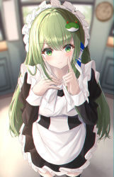 Rule 34 | 1girl, 7saki, :t, alternate costume, apron, bad id, bad pixiv id, black dress, black thighhighs, blurry, blurry background, clock, commentary, dress, enmaided, finger to cheek, frog hair ornament, from above, green eyes, green hair, hair between eyes, hair ornament, hair tubes, hand on own chest, highres, indoors, kochiya sanae, light blush, long hair, looking at viewer, maid, maid apron, maid headdress, petticoat, pout, snake hair ornament, solo, thighhighs, touhou, very long hair, zettai ryouiki