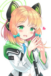 Rule 34 | 1girl, :d, animal ear headphones, animal ears, blonde hair, blue archive, blue bow, blue necktie, blush, bow, collared shirt, dress shirt, fake animal ears, green eyes, hair bow, halo, hands up, headphones, heart, highres, jacket, long sleeves, midori (blue archive), necktie, open clothes, open jacket, open mouth, shirt, sills, simple background, smile, solo, steepled fingers, upper body, white background, white jacket, white shirt, wide sleeves