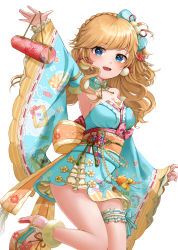 Rule 34 | 1girl, :d, absurdres, aqua kimono, arm up, armpits, bare shoulders, beads, blonde hair, blue eyes, blush, bow, braid, breasts, bridal garter, candy print, clothing request, detached collar, detached sleeves, floral print, flower, frills, fur-trimmed footwear, fur trim, hair ornament, hair ribbon, heart, highres, holding, idolmaster, idolmaster cinderella girls, idolmaster cinderella girls starlight stage, japanese clothes, kimono, long hair, looking at viewer, medium breasts, obi, ohtsuki yui, open mouth, pink bow, red ribbon, ribbon, sash, short kimono, simple background, smile, solo, tagme, wavy hair, white background, wide sleeves, zipgaemi