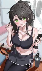 Rule 34 | 1girl, absurdres, armpit crease, bare shoulders, black hair, black pantyhose, black shirt, black shorts, black sports bra, breasts, cleavage, collarbone, commission, crop top, demon horns, demon tail, dolphin shorts, earphones, eyes visible through hair, green eyes, hand up, highres, holding, holding phone, horns, large breasts, long hair, looking at viewer, midriff, nail polish, navel, open mouth, original, pantyhose, phone, ponytail, shirt, short shorts, shorts, sitting, sleeveless, sleeveless shirt, smile, solo, sports bra, stomach, sweat, sweatband, tail, tumbler, vayneeeee