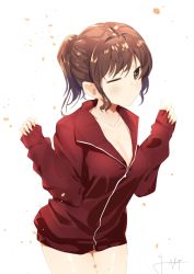 Rule 34 | 1girl, 714 (leg200kr), blush, breasts, brown hair, cleavage, closed mouth, collarbone, commentary, cowboy shot, frown, jacket, large breasts, long sleeves, looking at viewer, naked jacket, one eye closed, original, ponytail, red eyes, red jacket, short hair, signature, solo, track jacket