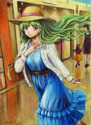 Rule 34 | 1990s (style), 3girls, aiba miyuki, blue eyes, green hair, hat, long hair, multiple girls, solo focus, tafuto, tekkaman blade, traditional media