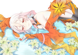 Rule 34 | 1girl, bare shoulders, black thighhighs, breasts, center opening, cleavage, detached sleeves, elbow gloves, fingerless gloves, flower, gloves, guilty crown, hair ornament, hairclip, highres, lily (flower), long hair, medium breasts, partially submerged, pink hair, red eyes, sarina (tosiyukiryousuke), smile, solo, thighhighs, twintails, yuzuriha inori