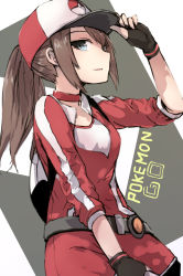 Rule 34 | 10s, 1girl, arm up, backpack, bag, baseball cap, belt, black gloves, blue eyes, breasts, brown hair, choker, copyright name, cowboy shot, creatures (company), eyebrows, female protagonist (pokemon go), fingerless gloves, game freak, gloves, hand on headwear, hat, long hair, looking at viewer, medium breasts, multicolored background, nintendo, parted lips, poke ball symbol, pokemon, pokemon go, ponytail, raikou (gotaishu), solo, two-tone background