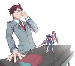 Rule 34 | 1boy, absurdres, adjusting eyewear, boku no hero academia, book, borrowed character, closed mouth, commission, desk, dokuro deluxe, fingernails, glasses, gundam, gunpla, hand on eyewear, highres, holding, holding sword, holding weapon, light particles, male focus, model kit, necktie, original, red hair, red necktie, school uniform, shield, simple background, smile, solo, sparkle, standing, sword, uniform, v-fin, weapon, white background