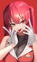 1girl :p absurdres bare_shoulders black_leotard bow breasts cleavage commentary_request gloves hair_between_eyes hands_up heterochromia highres hololive houshou_marine houshou_marine_(1st_costume) large_breasts leotard leotard_under_clothes long_hair looking_at_viewer red_background red_bow red_eyes red_hair red_vest see-through_cleavage see-through_clothes simple_background sleeveless sleeveless_turtleneck_leotard solo thomas_8000 tongue tongue_out twintails upper_body vest virtual_youtuber white_gloves yellow_eyes