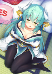 Rule 34 | 1girl, bare shoulders, black pantyhose, blush, breasts, cleavage, collarbone, commentary request, fate/grand order, fate (series), from above, green hair, highres, horns, japanese clothes, kimono, kiyohime (fate), long hair, looking at viewer, medium breasts, open mouth, pantyhose, pillow, sitting, solo, tears, wavy mouth, yellow eyes, yuki kawachi