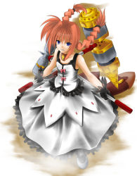 Rule 34 | 00s, 1girl, bare shoulders, blue eyes, dress, faux figurine, full body, graf eisen, layered dress, long hair, looking at viewer, lyrical nanoha, mahou shoujo lyrical nanoha, mahou shoujo lyrical nanoha a&#039;s, red hair, simple background, sleeveless, sleeveless dress, solo, standing, twintails, unison (nanoha), very long hair, vita (nanoha), white background, white dress