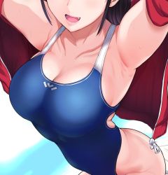 Rule 34 | 1girl, :d, armpits, arms up, black hair, blue one-piece swimsuit, breasts, cleavage, competition swimsuit, cowboy shot, dutch angle, fang, foreshortening, head out of frame, highleg, highleg swimsuit, jacket, large breasts, lips, miyamoto issa, one-piece swimsuit, open clothes, open jacket, open mouth, original, sidelocks, smile, solo, sweat, swimsuit