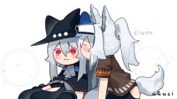 Rule 34 | 2girls, animal ears, arknights, armband, artist name, black capelet, black gloves, blue headwear, brown shirt, capelet, closed mouth, computer, closed eyes, gloves, grani (arknights), grey hair, hat, hip vent, horse ears, horse tail, kani fish, kiss, kissing cheek, long hair, multiple girls, ponytail, red eyes, sad, shirt, sidelocks, sitting, skadi (arknights), symbol-only commentary, tail, tearing up, white background