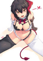 Rule 34 | 1girl, :d, artist name, asymmetrical gloves, asymmetrical legwear, bare shoulders, bikini, black bow, black gloves, black hair, black thighhighs, blush, bow, bowtie, breasts, brown eyes, cleavage, demon girl, demon horns, demon tail, elbow gloves, frilled bikini, frills, from above, gloves, head tilt, heart, highres, horns, jjune, large breasts, legs apart, looking at viewer, looking up, mismatched gloves, mismatched legwear, mole, mole under eye, navel, open mouth, original, pink bow, pink bowtie, rumi morimiya, short hair, single horn, sitting, skindentation, smile, solo, spread legs, stomach, swimsuit, tail, thighhighs, thighs, tsurime, white gloves, white thighhighs
