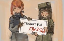 Rule 34 | 2girls, blush, brown eyes, brown hair, green headwear, hat, highres, holding, holding marker, holding sign, looking to the side, marker, milestone celebration, military, military uniform, multiple girls, one eye closed, open mouth, orange hair, original, sign, uniform, xerbatt