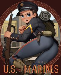 Rule 34 | 1girl, absurdres, ass, backpack, bag, bayonet, bedroll, blue eyes, blush, bolt action, boots, brown bag, brown hair, canteen, full body, gaiters, gun, gun sling, hair pulled back, hat, hat ornament, highres, holding, holding gun, holding weapon, insignia, jacket, knife sheath, load bearing equipment, long sleeves, looking at viewer, looking back, m1903 springfield, military, military hat, military jacket, military rank insignia, military uniform, open mouth, original, pants, peaked cap, rifle, rifleman1130, sheath, soldier, solo, sweat, tight clothes, tight pants, uniform, united states marine corps, weapon