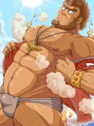 Rule 34 | 1boy, abs, bara, bare pectorals, beard, body hair, brown hair, bulge, chest hair, commentary request, facial hair, feet out of frame, fire, highres, hima hawa, jacket, jewelry, jinn (housamo), lamp, large pectorals, leg hair, loincloth, male focus, mature male, muscular, muscular male, navel, navel hair, necklace, nipples, no pants, off shoulder, open clothes, open jacket, pectorals, red jacket, short hair, smoke, solo, stomach, sweat, thick thighs, thighs, tokyo houkago summoners, track jacket, undressing, unibrow