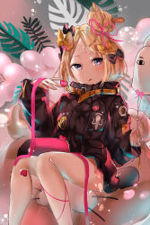 Rule 34 | 1girl, abigail williams (fate), abigail williams (traveling outfit) (fate), absurdres, bad id, bad pixiv id, balloon, bandaid, bandaid on face, bandaid on forehead, belt, black bow, black jacket, blonde hair, blue eyes, blush, bow, box, crossed bandaids, danyagoe, fate/grand order, fate (series), forehead, gift, gift box, hair bow, hair bun, heroic spirit traveling outfit, high collar, highres, jacket, licking lips, long hair, long sleeves, looking at viewer, official alternate costume, orange bow, parted bangs, pink ribbon, plant, polka dot, polka dot bow, ribbon, single hair bun, sitting, smile, solo, thighs, tongue, tongue out