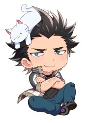Rule 34 | 1boy, animal, animal on head, arm hair, bara, black hair, black shirt, blush, cat, cat on head, chibi, commentary request, copyright request, crossed arms, denim, facial hair, full body, goatee, jacket, jeans, long sideburns, male focus, mature male, mikeyama ginji, nishikimaru, on head, open clothes, open jacket, pants, shirt, short hair, sideburns, sleeves rolled up, smile, smug, solo, transparent background, virtual youtuber