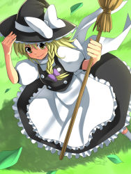Rule 34 | 1girl, blonde hair, bow, braid, broom, dress, dutch angle, female focus, from above, glass, hair bow, hair ribbon, hat, kirisame marisa, leaf, long hair, nature, outdoors, plant, ribbon, socks, solo, touhou, witch, witch hat, yui tooru