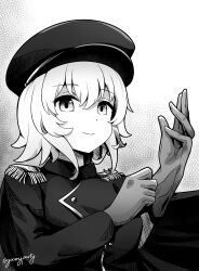 Rule 34 | 1girl, absurdres, adjusting clothes, adjusting gloves, alternate costume, buttons, cape, closed mouth, curren chan (umamusume), double-breasted, epaulettes, gloves, goom (goomyparty), greyscale, hat, highres, jacket, long sleeves, looking at viewer, military, military uniform, monochrome, peaked cap, short hair, smile, solo, twitter username, umamusume, uniform, upper body