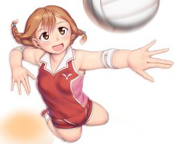 Rule 34 | 1girl, ball, bare shoulders, blush, braid, breasts, brown eyes, commentary request, commission, elbow sleeve, from above, hair between eyes, kneepits, light brown hair, medium hair, open mouth, original, orizen, outstretched arm, pixiv commission, shirt, simple background, sleeveless, sleeveless shirt, small breasts, smile, solo, sportswear, twintails, volleyball, volleyball (object), white background