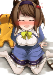 Rule 34 | 1girl, :d, absurdres, arm support, blue dress, blush, bow, brown hair, draph, dress, closed eyes, from above, granblue fantasy, hair bobbles, hair ornament, hairband, heart, highres, horns, looking at viewer, looking up, luonawei, mary janes, nose blush, open mouth, shoes, unworn shoes, short hair, sitting, smile, solo, stuffed animal, stuffed toy, teddy bear, wariza, white legwear, yaia (granblue fantasy)