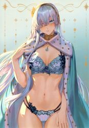 Rule 34 | 1girl, absurdres, anastasia (fate), blue eyes, bra, breasts, cape, choker, fate/grand order, fate (series), gradient background, hair ornament, hair over one eye, hairband, hand up, highres, jewelry, lingerie, long hair, looking at viewer, mashuu (neko no oyashiro), medium breasts, navel, necklace, panties, parted lips, scan, simple background, solo, stomach, thighs, underwear, white hair