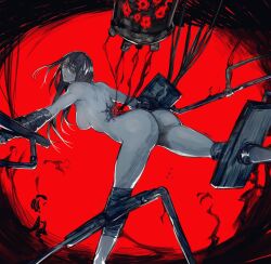 Rule 34 | 1girl, artist name, ass, bad id, bad twitter id, black background, breasts, foot out of frame, from behind, hair between eyes, highres, kamishiro rize, large breasts, long hair, looking back, outstretched arms, red background, red eyes, restrained, shiny skin, solo, tokyo ghoul, tokyo ghoul:re, yourfreakyneighbourh