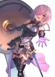 Rule 34 | 1girl, :d, arm guards, armored leotard, bare shoulders, black leotard, black thighhighs, commentary request, dutch angle, elbow gloves, fate/grand order, fate (series), feet out of frame, gloves, hair over one eye, highres, holding, holding shield, hopepe, impossible clothes, impossible leotard, leotard, mash kyrielight, o-ring, open mouth, outstretched arm, outstretched hand, pink gloves, pink hair, pov, purple eyes, sheath, sheathed, shield, short hair, simple background, smile, solo, standing, sword, thigh strap, thighhighs, vambraces, weapon, white background