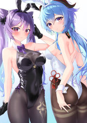 Rule 34 | 2girls, absurdres, animal ears, arm up, ass, back, bare shoulders, black gloves, black hairband, black leotard, black pantyhose, blue eyes, bow, bowtie, breasts, brown pantyhose, chinese knot, closed mouth, cone hair bun, covered navel, detached collar, double bun, fake animal ears, ganyu (genshin impact), genshin impact, gloves, hair bun, hairband, highres, keqing (genshin impact), leotard, long hair, looking at viewer, looking back, low ponytail, medium breasts, multiple girls, pantyhose, parted lips, pink eyes, playboy bunny, purple bow, purple bowtie, purple eyes, purple hair, rabbit ears, tassel, twintails, white hairband, white leotard, wrist cuffs, yuito (yuitokobunasbs0)