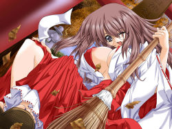 Rule 34 | 1girl, artist request, breasts, brown hair, character request, copyright request, glasses, hakama, hakama skirt, japanese clothes, kimono, large breasts, long hair, miko, naughty face, nipple slip, nipples, no bra, open clothes, open shirt, red hakama, shirt, skirt, solo, traditional clothes