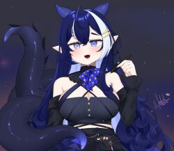 Rule 34 | 1girl, absurdres, black background, blue eyes, blue hair, breasts, cleavage, commentary, dated, english commentary, fangs, hair horns, highres, holding, holding pen, indie virtual youtuber, large breasts, looking at viewer, moon (anntan), multicolored hair, natch imaycz, open mouth, pen, pointy ears, signature, simple background, solo, streaked hair, tentacles, two-tone hair, upper body, virtual youtuber, white hair