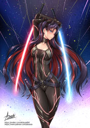 Rule 34 | 1girl, adsouto, arms behind head, arms up, artist name, belt, black bodysuit, black gloves, black hair, black ribbon, blue eyes, blush, bodysuit, breasts, cleavage cutout, closed mouth, clothing cutout, collarbone, covered navel, dual wielding, fate/grand order, fate (series), feet out of frame, gloves, glowing, glowing sword, glowing weapon, hair ribbon, highres, holding, holding sword, holding weapon, ishtar (fate), looking at viewer, medium breasts, parted bangs, red hair, ribbon, skin tight, solo, space ishtar (fate), standing, sword, two side up, v-shaped eyebrows, watermark, weapon, web address