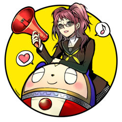 Rule 34 | 1girl, :d, arm on own head, atlus, blush, closed mouth, earrings, glasses, heart, holding, jewelry, kujikawa rise, kuma (persona 4), long hair, long sleeves, megaphone, musical note, ocomo, open mouth, persona, persona 4, pink lips, quaver, school uniform, serafuku, smile, speech bubble, stitches, turtleneck, twintails, yellow background