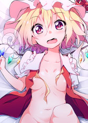 Rule 34 | 1girl, ?, ascot, blonde hair, blush, bottomless, breasts, chipa (arutana), collarbone, fang, flandre scarlet, hat, hat ribbon, long hair, looking at viewer, lying, medium breasts, mob cap, navel, no bra, on back, open mouth, red eyes, red ribbon, ribbon, solo, spoken question mark, touhou, wing collar, wings