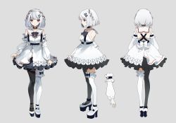 Rule 34 | 1girl, absurdres, black bow, black bowtie, black pantyhose, black skirt, bow, bowtie, braid, character sheet, choker, closed mouth, commentary request, detached sleeves, dress, full body, grey background, grey hair, hair ornament, hairclip, heart, heart choker, heart o-ring, high heels, highres, long sleeves, mikanoisi, multiple views, original, pantyhose, petticoat, pink eyes, sailor collar, short hair, side braid, simple background, single thighhigh, skirt, smile, thighhighs, white dress, white footwear, white sailor collar, white sleeves, white thighhighs