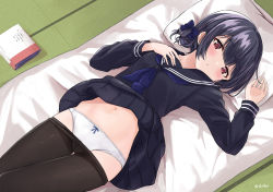 Rule 34 | 1girl, :o, black hair, black pantyhose, black sailor collar, black serafuku, black shirt, black skirt, blue bow, blue neckerchief, blush, book, bow, clothes lift, clothes pull, eluthel, from above, futon, hair bow, hair bun, hand on own chest, idolmaster, idolmaster shiny colors, indoors, long sleeves, looking at viewer, lying, miniskirt, morino rinze, navel, neckerchief, on back, on bed, panties, panties under pantyhose, pantyhose, pantyhose pull, parted lips, pleated skirt, purple eyes, sailor collar, school uniform, serafuku, shirt, short hair, single hair bun, skirt, skirt lift, solo, tatami, thigh gap, twitter username, underwear, white panties