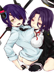 Rule 34 | 10s, 2girls, :o, ass, assisted exposure, asymmetrical docking, bad id, bad nicoseiga id, black gloves, blush, bottomless, breast press, breasts, butt crack, checkered clothes, checkered necktie, checkered neckwear, chinpansha, covered erect nipples, dress shirt, eyepatch, fang, fangs, fingerless gloves, from side, glaive (polearm), gloves, hair between eyes, hair ornament, hairpods, halo, highres, holding, kantai collection, large breasts, long sleeves, looking at viewer, mouth hold, multiple girls, neck ribbon, necktie, nose blush, open clothes, open mouth, open shirt, personification, polearm, purple hair, red eyes, ribbon, shirt, short hair, simple background, sitting, sketch, sleeves past wrists, sleeves rolled up, spear, sumyu (chinpansha), tatsuta (kancolle), tenryuu (kancolle), underboob, undressing, weapon, white background, yellow eyes, yuri