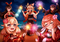 Rule 34 | 5girls, :d, ^ ^, absurdres, adapted costume, ahoge, alternate costume, amber (genshin impact), beach, brown hair, closed eyes, cloud, cloudy sky, commentary, dual wielding, english commentary, eyes visible through hair, firecrackers, fireworks, genshin impact, grin, hair between eyes, hair ornament, hairband, highres, holding, horizon, horns, hu tao (genshin impact), japanese clothes, kimono, klee (genshin impact), light brown hair, long hair, long sleeves, looking at viewer, low twintails, multiple girls, night, night sky, ocean, open mouth, orange eyes, pink hair, pointy ears, ponytail, rope, senkou hanabi, shimenawa, sidelocks, sky, smile, sparkler, symbol-shaped pupils, trait connection, twintails, wide sleeves, yanfei (genshin impact), yoimiya (genshin impact), yukata, yumie tsuchinoko (artist)