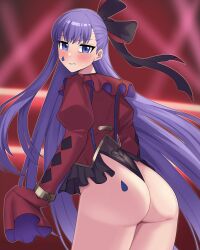 Rule 34 | 1girl, absurdres, alternate costume, annoyed, artist request, ass, ass focus, blue eyes, blush, bow, embarrassed, fate/grand order, fate (series), from behind, hair bow, hair ribbon, highres, leaning, leaning forward, leotard, long hair, looking at viewer, meltryllis (fate), purple hair, ribbon, solo, sweatdrop, teardrop facial mark, teardrop tattoo, thong leotard, very long hair