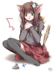 Rule 34 | 1girl, ^^^, animal ears, blush, bow, brown hair, cat ears, cat tail, clockwork, green eyes, long hair, mouse (animal), ponytail, ribbon, scared, skirt, solo, sweatdrop, tail, thighhighs, toy, winding key