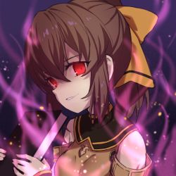 Rule 34 | 1girl, armor, aura, book, breastplate, brown hair, corruption, dark aura, dark persona, delthea (fire emblem), evil smile, fire emblem, fire emblem echoes: shadows of valentia, fire emblem heroes, grin, holding, holding book, long hair, nintendo, ponytail, red eyes, smile, solo, transistor, upper body