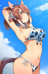 Rule 34 | 1girl, ahoge, amepa (ame pinecandy), animal ears, animal print, armpits, bare arms, bare legs, bare shoulders, bikini, blush, breasts, brown hair, cloud, cow print, cow print bikini, dantsu flame (umamusume), day, hair between eyes, highres, horse ears, horse girl, horse tail, large breasts, medium hair, multicolored hair, navel, outdoors, parted lips, print bikini, sky, solo, swimsuit, tail, umamusume, white bikini, white hair, yellow eyes