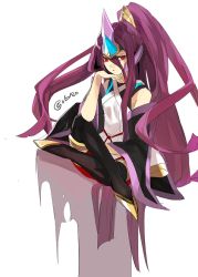 Rule 34 | 1girl, bare shoulders, blazblue, blazblue: central fiction, detached sleeves, doll joints, hades izanami, hyakuhachi (over3), joints, mikado (blazblue), ponytail, purple hair, red eyes, skirt, solo, thighhighs