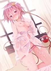 Rule 34 | 1girl, absurdres, bare legs, blush, breasts, cum, givuchoko, heart, highres, indoors, kneeling, komeiji satori, looking at viewer, navel, nipples, no bra, off shoulder, panties, panty pull, pink eyes, pink hair, pink panties, pulling own clothes, scan, shiny skin, shirt, short hair, small breasts, solo, suggestive fluid, third eye, touhou, underwear, wet, wet clothes, white shirt, window